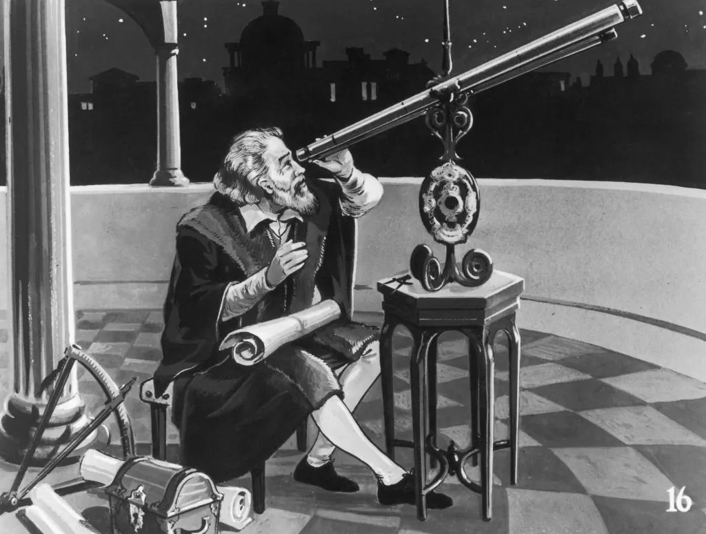 Illustration showing Galileo gazing up at the night sky through his telescope. Credit: Hulton Archive / Stringer / Getty Images