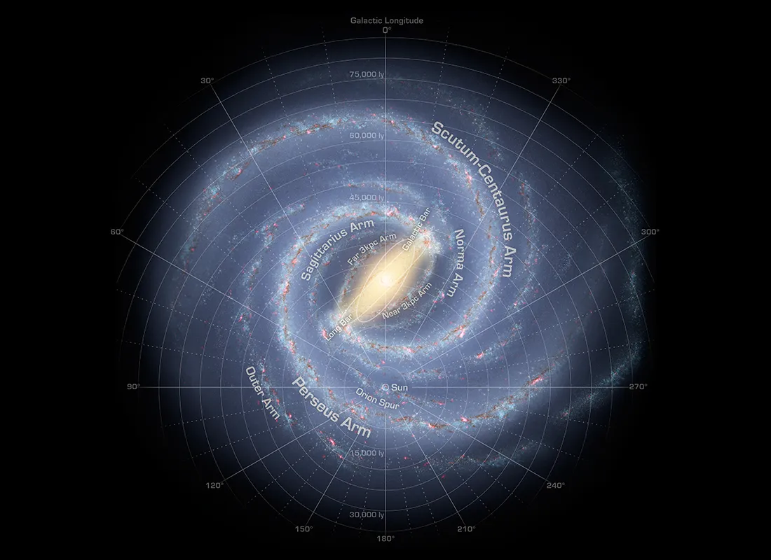 An illustration showing what our Galaxy probably looks like when seen from afar. Our Solar System lies near the Orion Spur. Credit: NASA/JPL-Caltech/R. Hurt (SSC/Caltech)