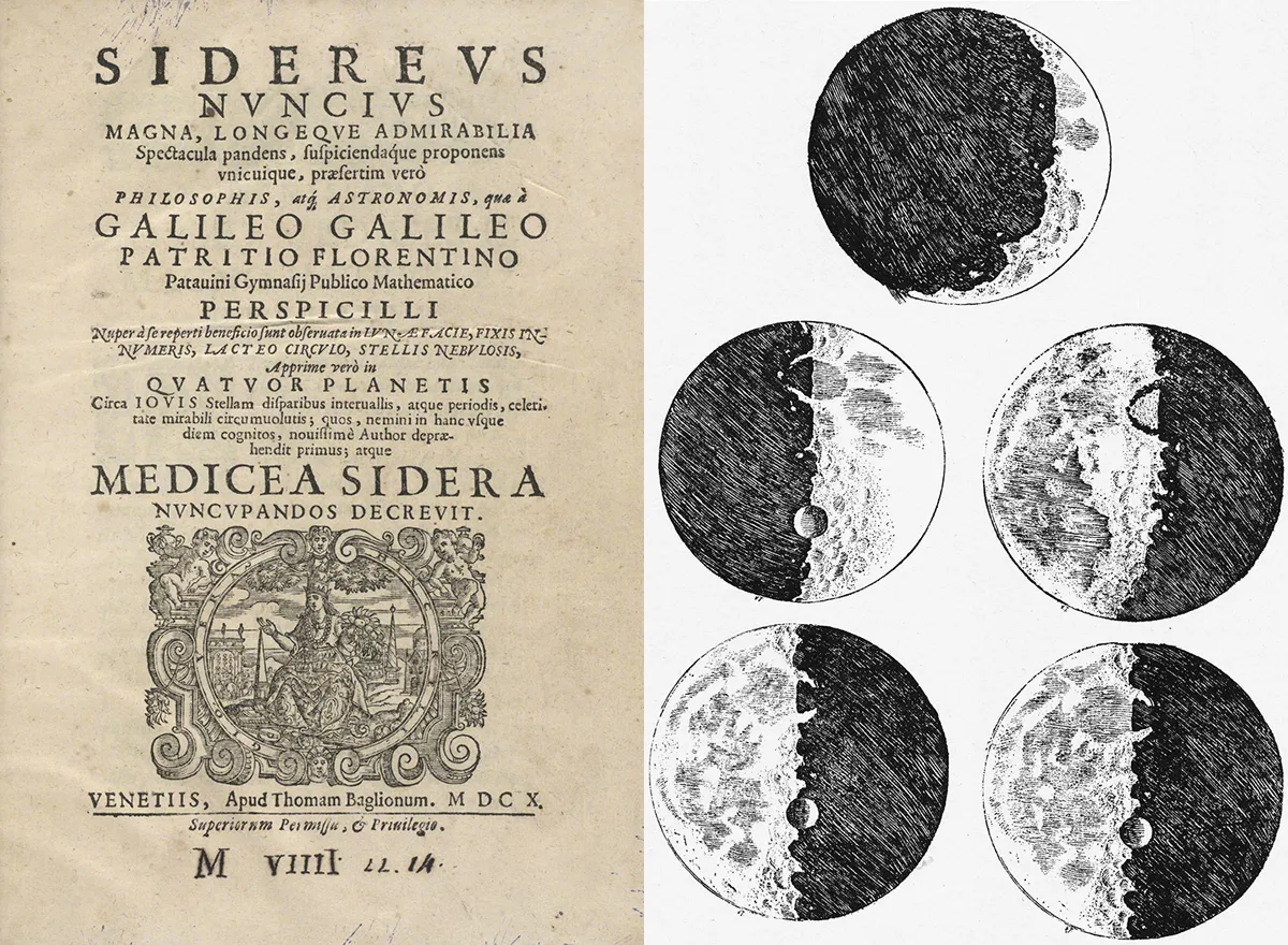 Left: title page of the first edition of Sidereus Nuncius. Right: Galileo's sketches of the Moon from Sidereus Nuncius.