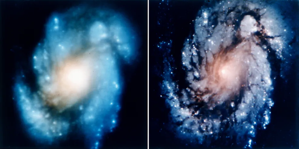 Two images of galaxy M100 captured by the Hubble Space Telescope. Left is the original blurry image captured before corrective optics were installed, leading to the clearer image seen on the right. Credit: NASA
