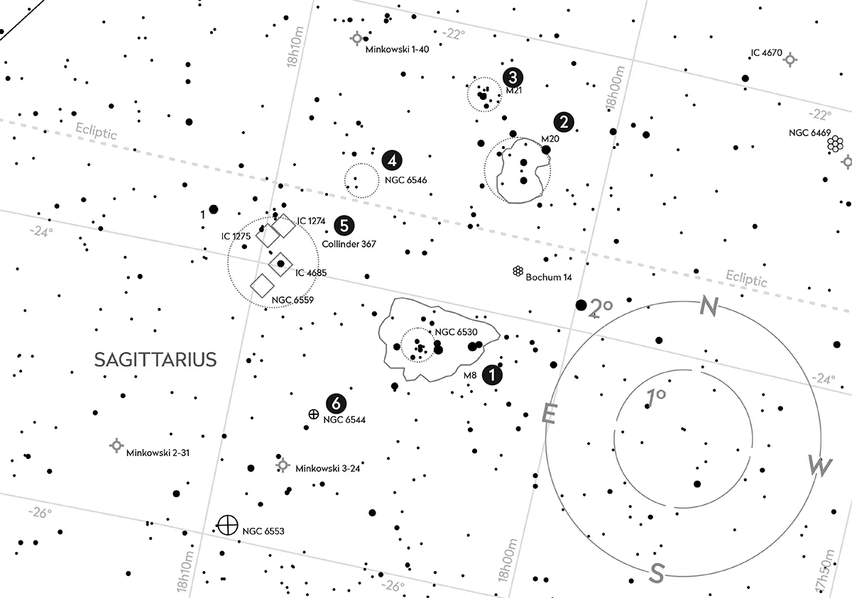 A chart showing the positions of our 6 deep-sky objects to observe in Sagittarius.