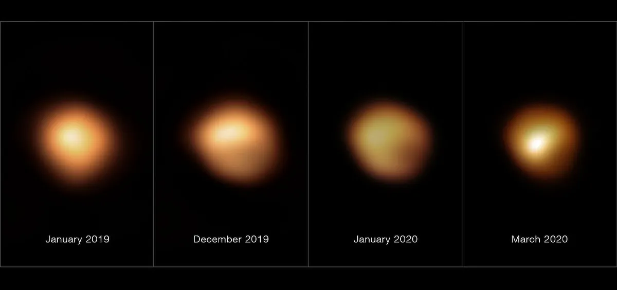 These images, taken with the SPHERE instrument on ESO’s Very Large Telescope, show the surface of the red supergiant star Betelgeuse during its unprecedented dimming, which happened in late 2019 and early 2020. The image on the far left, taken in January 2019, shows the star at its normal brightness, while the remaining images, from December 2019, January 2020, and March 2020, were all taken when the star’s brightness had noticeably dropped, especially in its southern region. The brightness returned to normal in April 2020.
