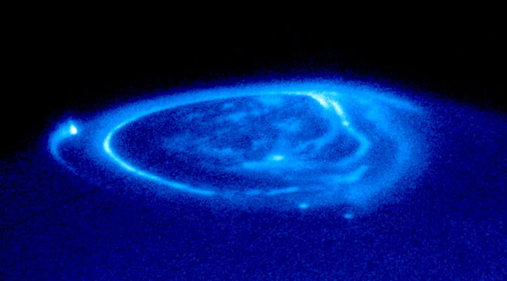 Aurora at Jupiter's north pole, as seen by the Hubble Space Telescope. Credit: NASA/ESA, John Clarke (University of Michigan)