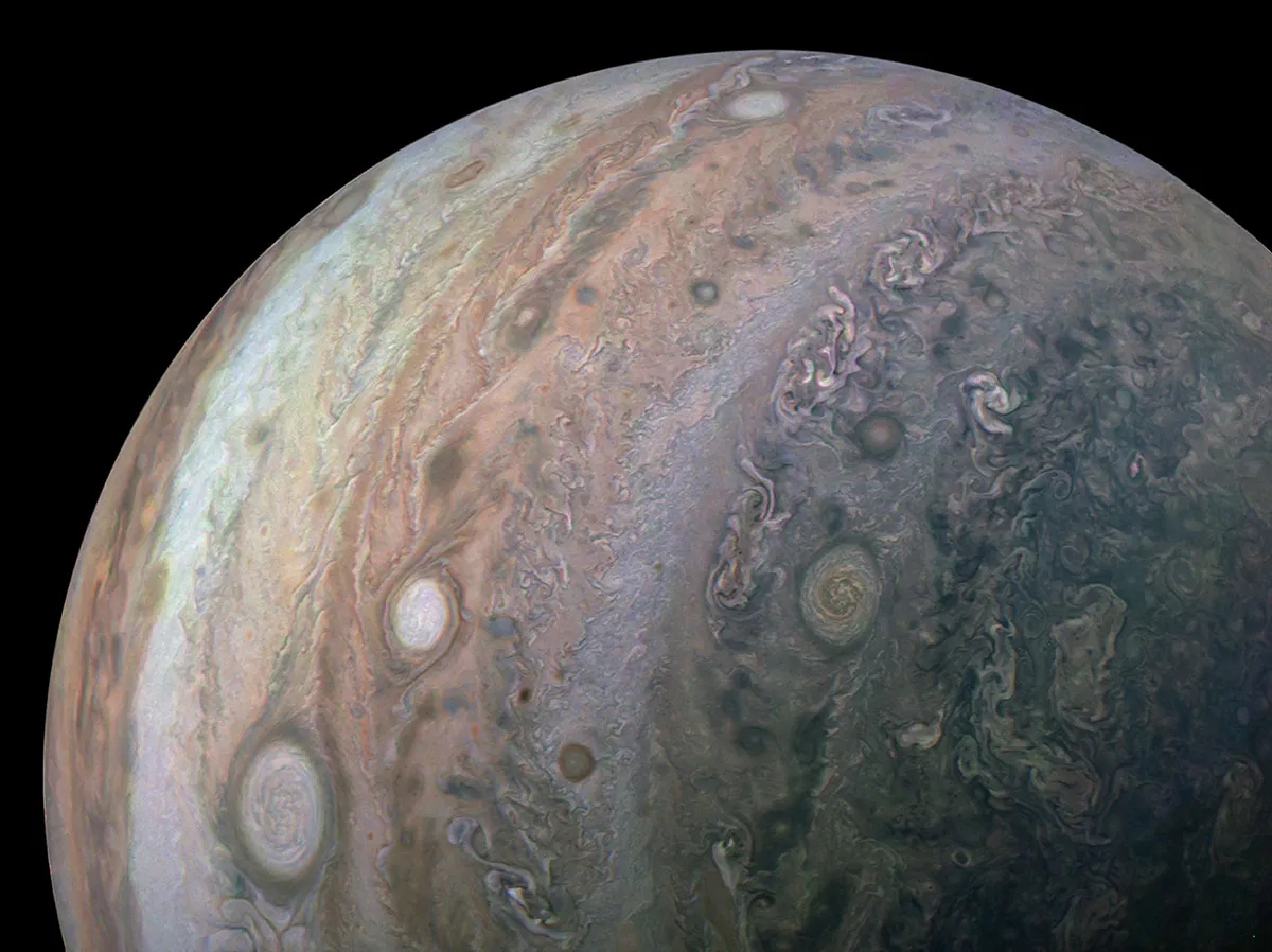 An image showing Jupiter's stormy atmosphere