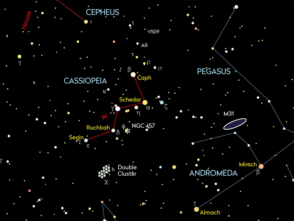 Use star Schedar in Cassiopeia to help you locate the Andromeda Galaxy. Credit: Pete Lawrence