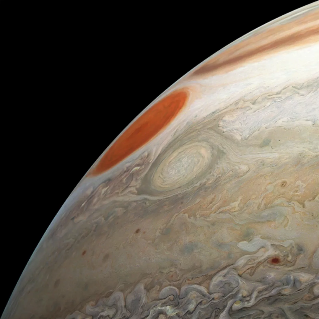 A view of the Great Red Spot and a massive storm called Oval BA in Jupiter's atmosphere, as seen by the Juno spacecraft. Credit: Enhanced Image by Gerald Eichstädt and Sean Doran (CC BY-NC-SA) based on images provided Courtesy of NASA/JPL-Caltech/SwRI/MSSS