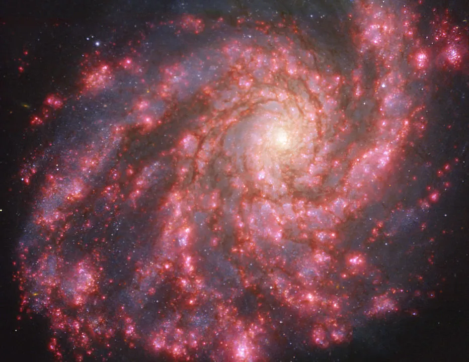 Glowing red hydrogen reveals where new stars are being created in spiral galaxy NGC 4254, VERY LARGE TELESCOPE, 16 JULY 2021. IMAGE CREDIT: ESO/PHANGS