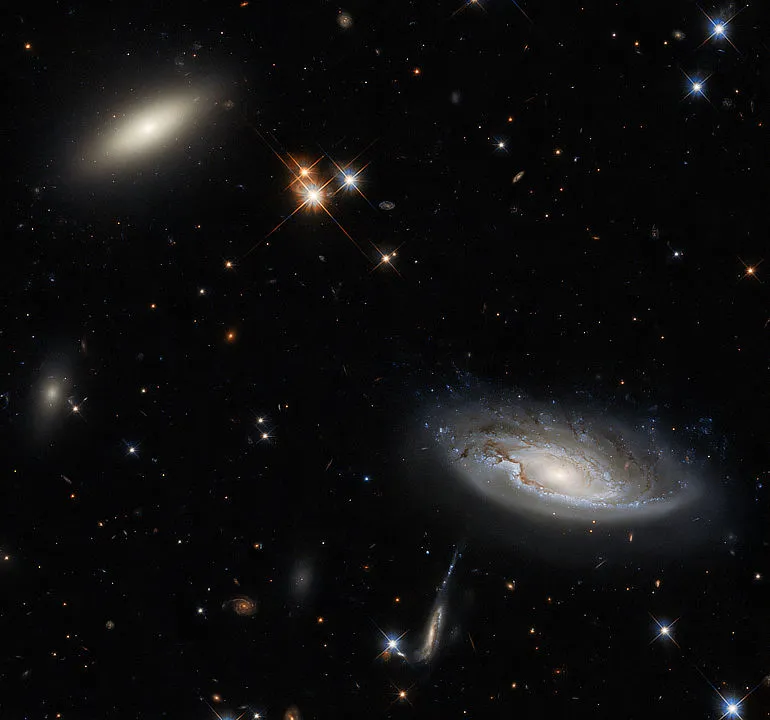 Galaxies 2MASX J03193743 4137580 (top left) and UGC 2665 (right) in the Perseus cluster, HUBBLE SPACE TELESCOPE, 3 JULY 2021. IMAGE CREDIT ESA/Hubble & NASA, W. Harris; Acknowledgment: L. Shatz