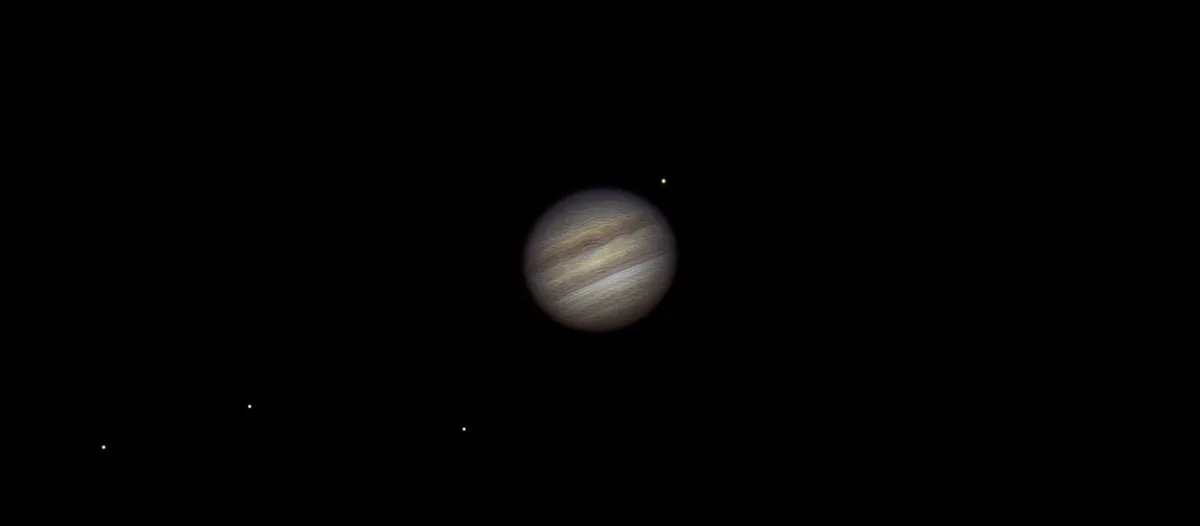 Jupiter and Galilean moons, Paul Sparham, Leatherhead, Surrey, 6 May 2018. Equipment: iPhone 5s, Orion XT6 Dobsonian