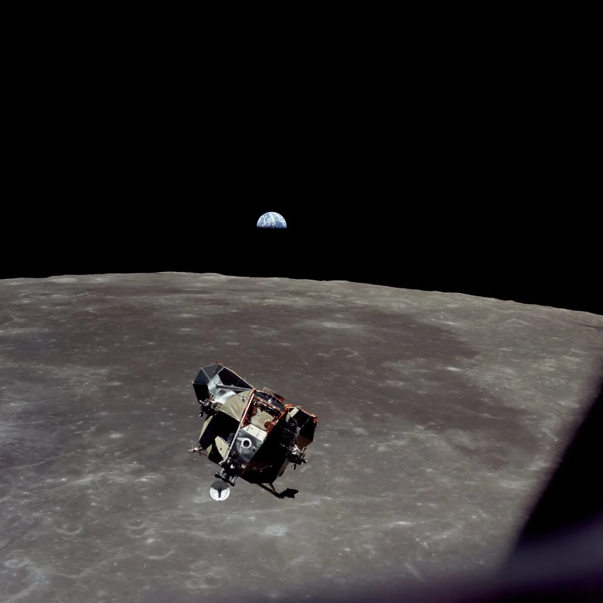 Apollo 11 astronaut Michael Collins captured this image of the Lunar Module carrying Neil Armstrong and Buzz Aldrin back up to the Command Module after the mission that made them the first humans to step foot on the Moon, 21 July 1969. Credit: NASA / restored by Toby Ord