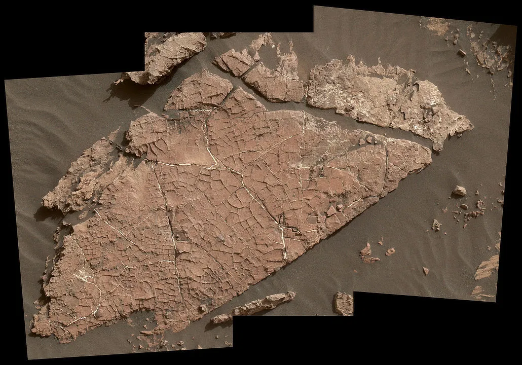 Rocks cracks on Mars, possibly formed from a drying mud layer 3 billion years ago, MARS CURIOSITY, 8 JULY 2021. IMAGE CREDIT NASA/JPL-Caltech/MSSS