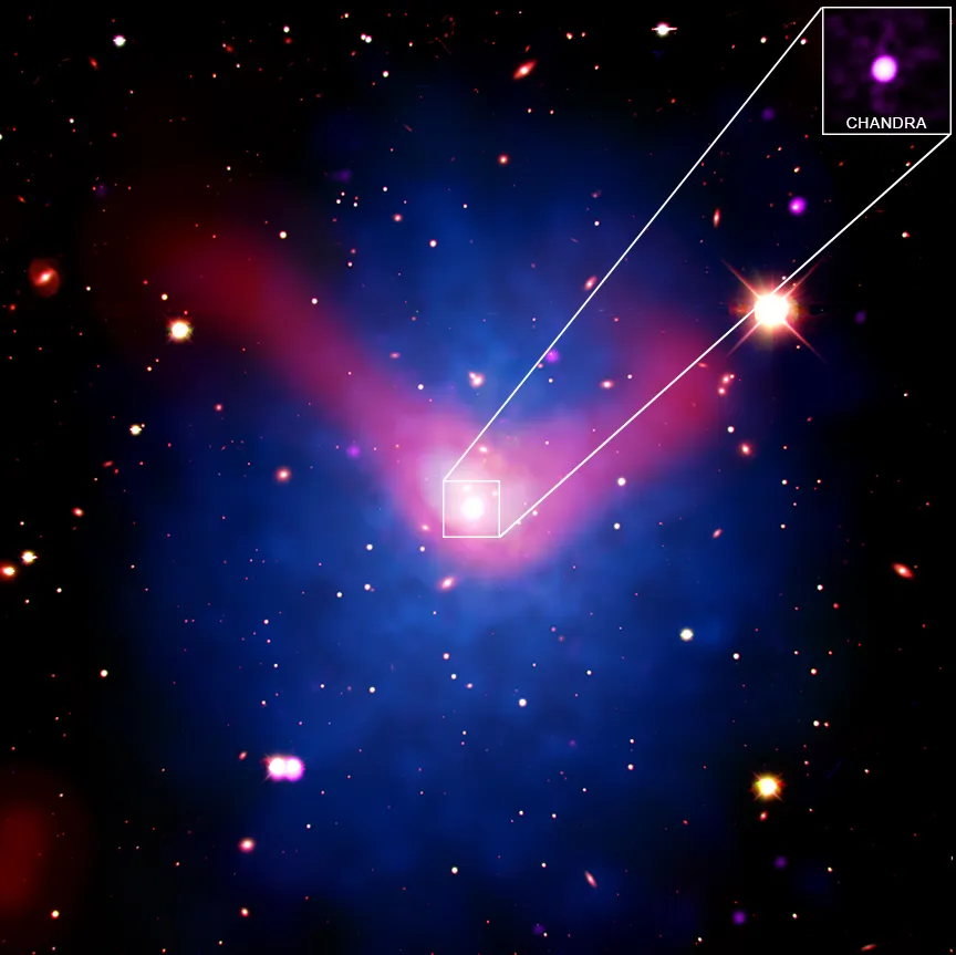 The Northern Clump cluster, XMM-NEWTON, CHANDRA X-RAY OBSERVATORY, AUSTRALIAN SQUARE KILOMETER ARRAY PATHFINDER TELESCOPE, 2 JULY 2021. IMAGE CREDIT: X-ray: (Chandra: NASA/CXC/Univ. Bonn/A. Veronica et al; XMM-Newton: ESA/XMM-Newton); Optical: DES/DOE/FNAL/DECam/CTIO/NOIRLab/NSF/AURA; Radio: CSIRO/ASKAP/EMU