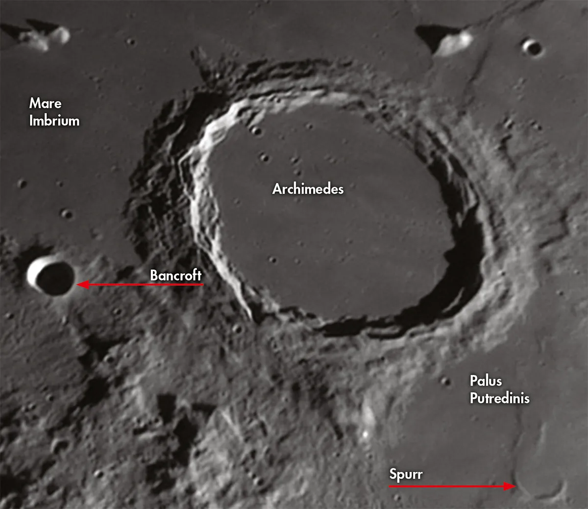 An annotated image of the region around Archimedes crater