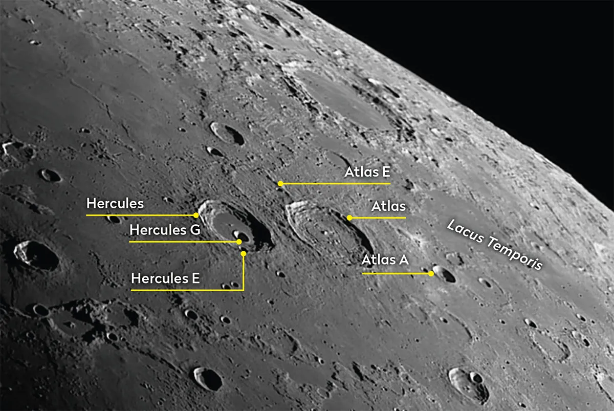 An annotated image showing the region around the Atlas and Hercules Craters. Credit: Pete Lawrence