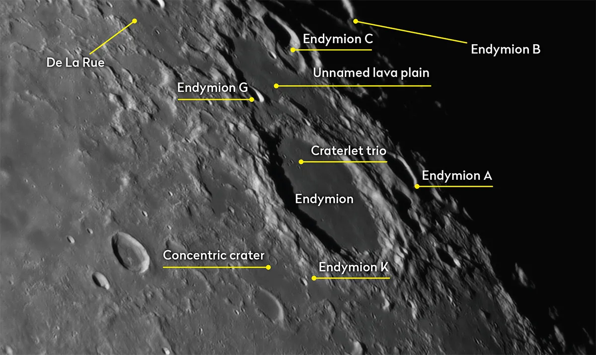 þ Crater Endymion is located on the Moon’s northeastern limb. Credit: Pete Lawrence