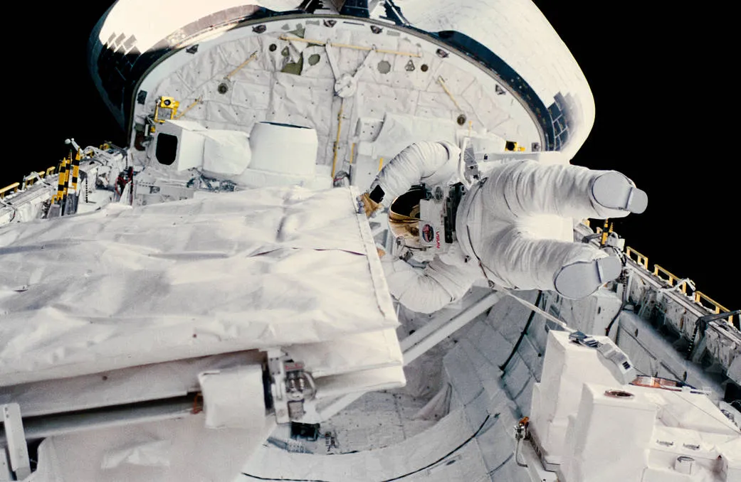 Astronaut Kathryn D. Sullivan became the first American woman to spacewalk during an EVA on Space Shuttle Challenger, 11 October 1984. Credit: NASA