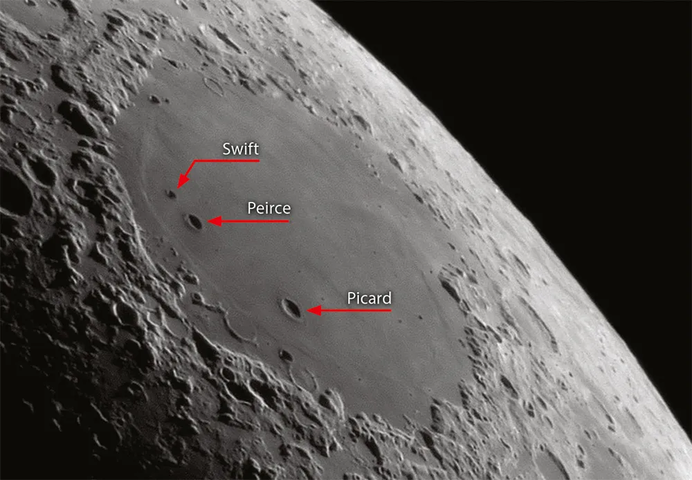 Diagram showing Mare Crisium, Peirce, Swift and Picard