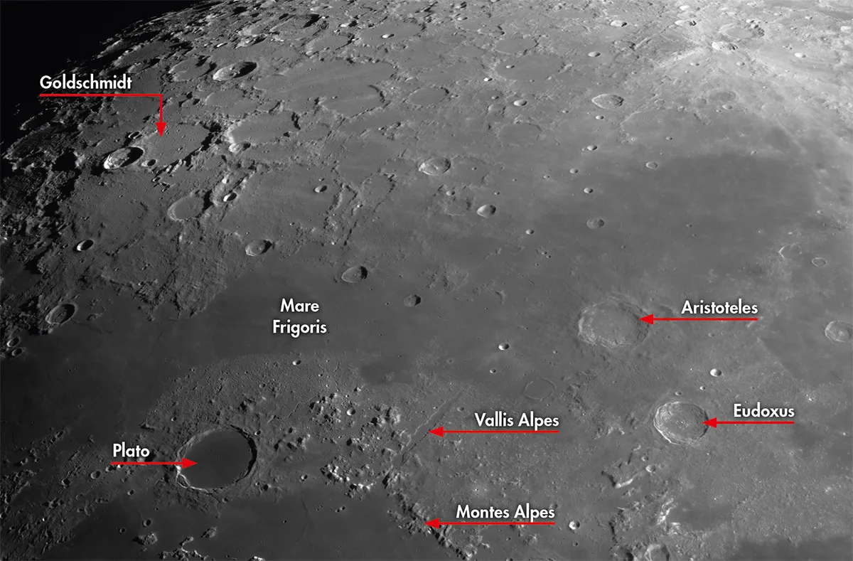 Mare Frigoris is, unusually for a lunar mare, long and thin – this is the central and eastern section, with the Lunar Alps below it to the south. Credit: Pete Lawrence