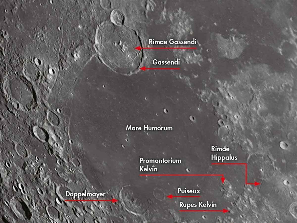 Mare Humorum is a central point from which you can explore ghost craters, rilles and more. Credit: Pete Lawrence