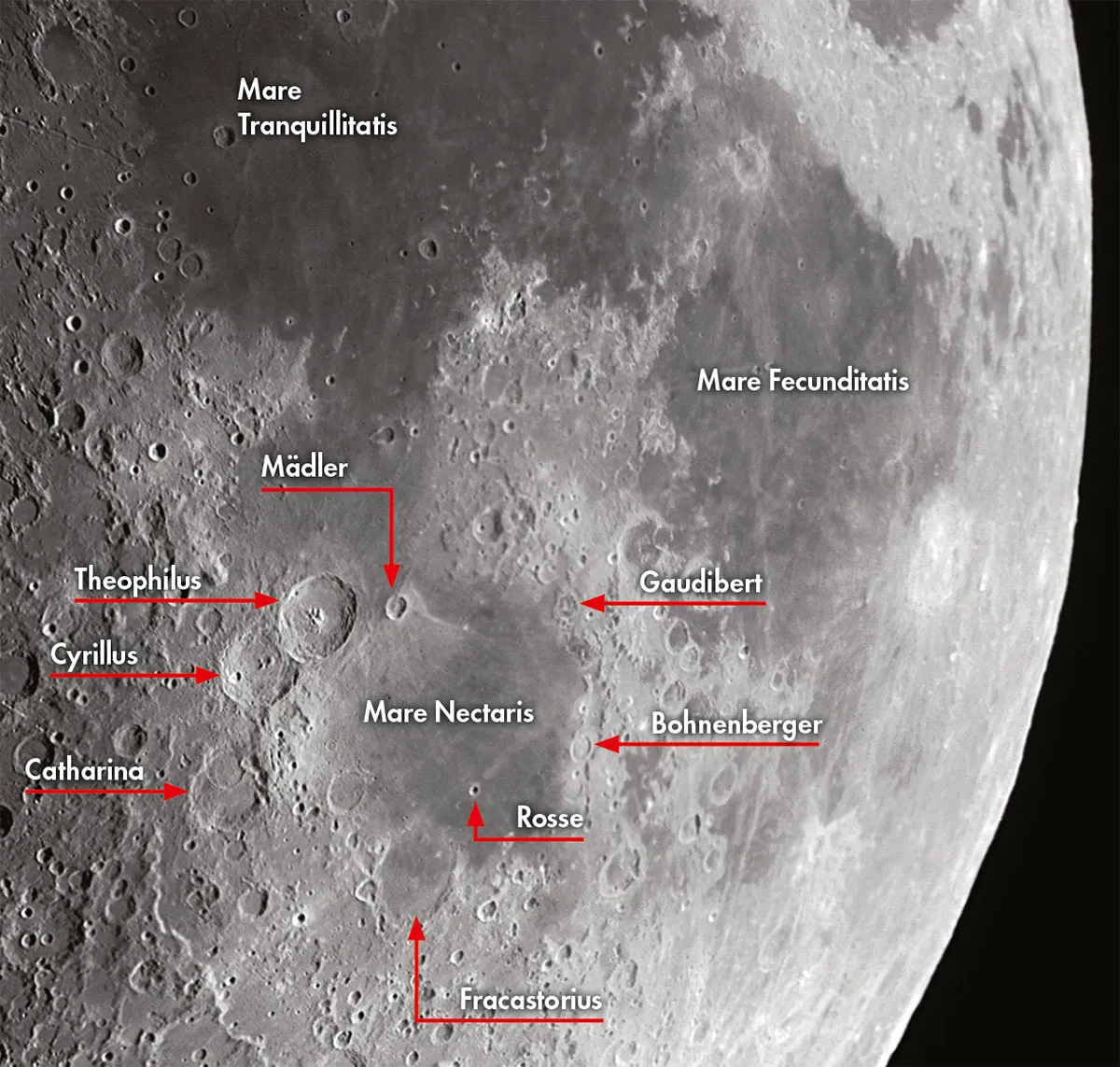Mare Tranquillitatis, Mare Fecunditatis and Mare Nectaris on the Moon.