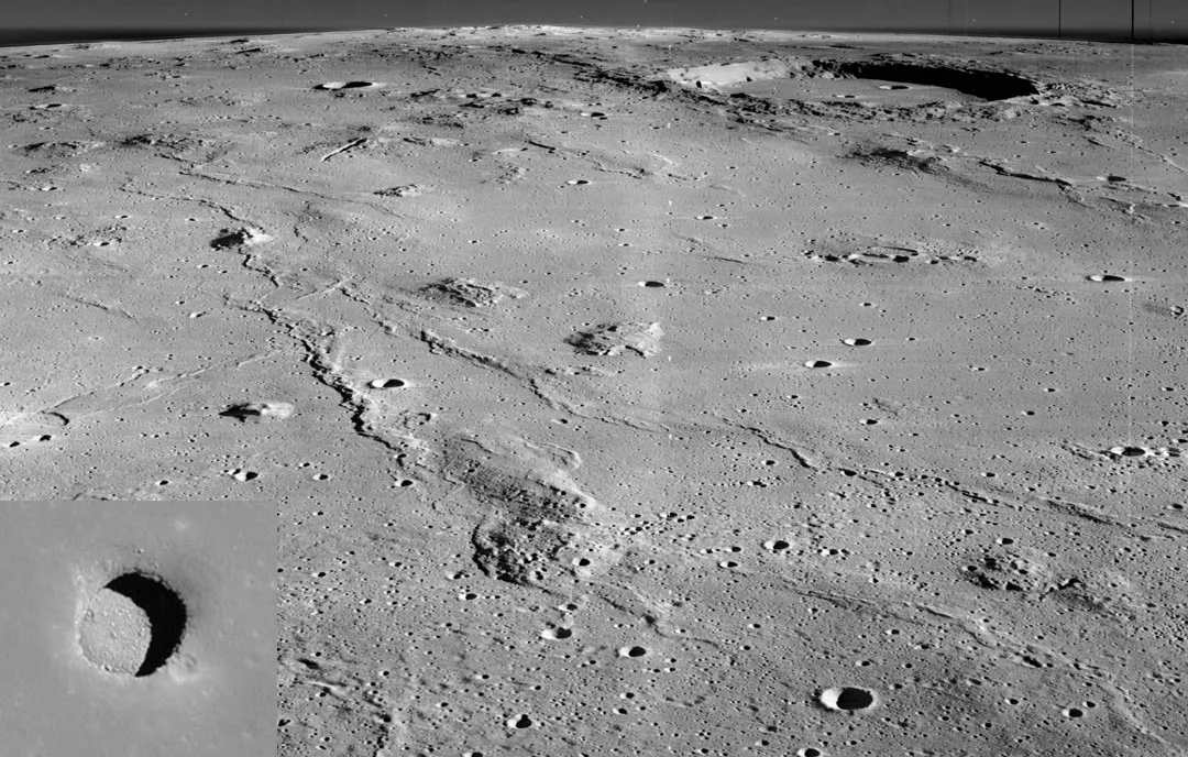 Marius Hills, as seen by the Lunar Reconnaissance Orbiter. Image Credit: NASA, Lunar Orbiter 2; Inset: Lunar Reconnaissance Orbiter.