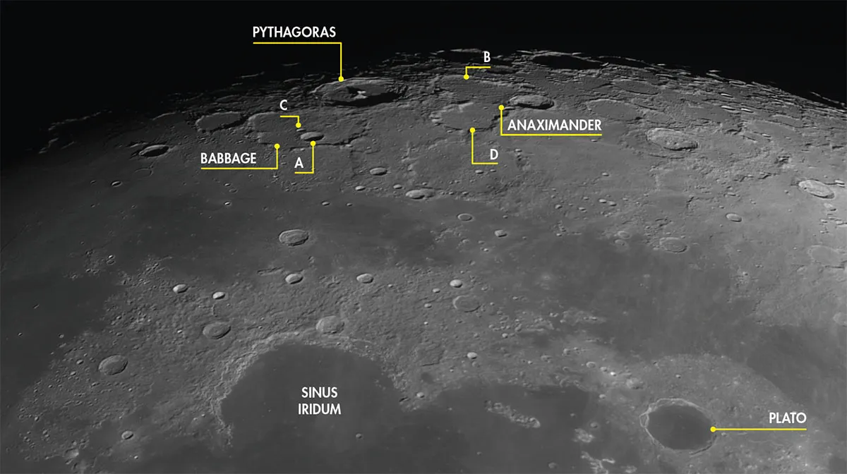 Three peaks dominate Pythagoras, and they’re a useful aid to identifying the crater. Credit: Pete Lawrence