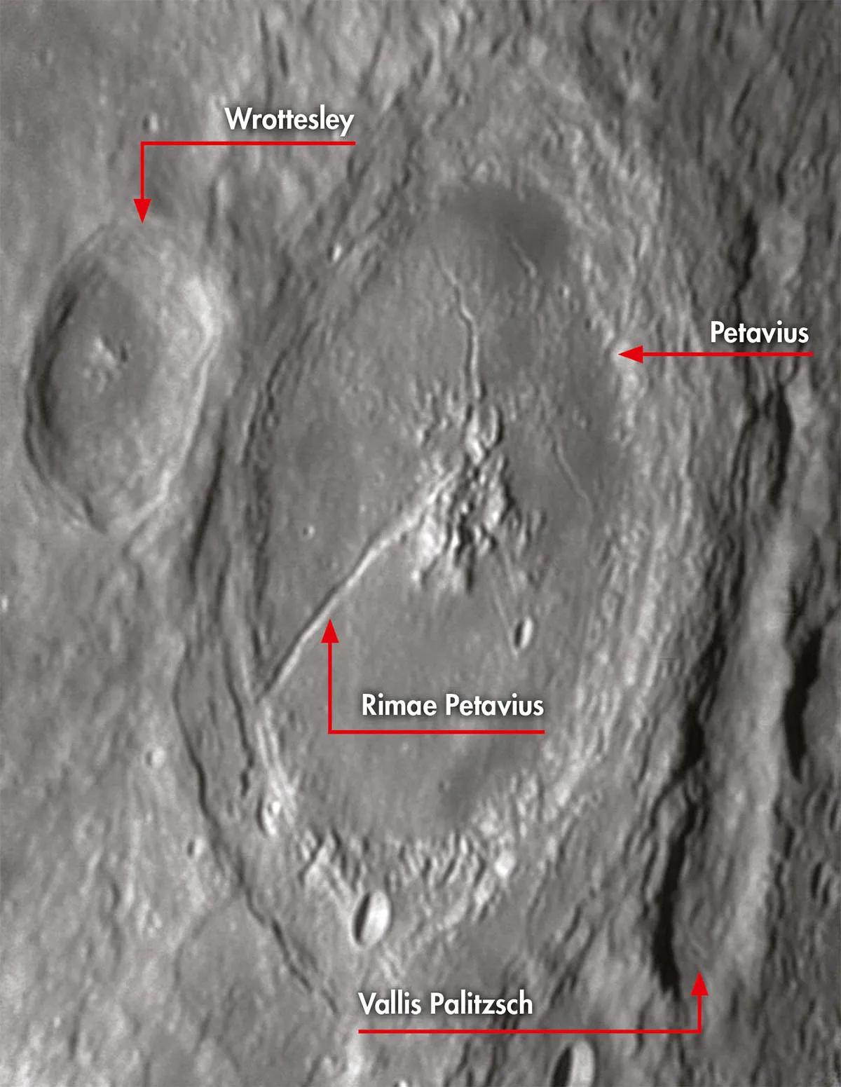 An annotated diagram of Petavius Crater.