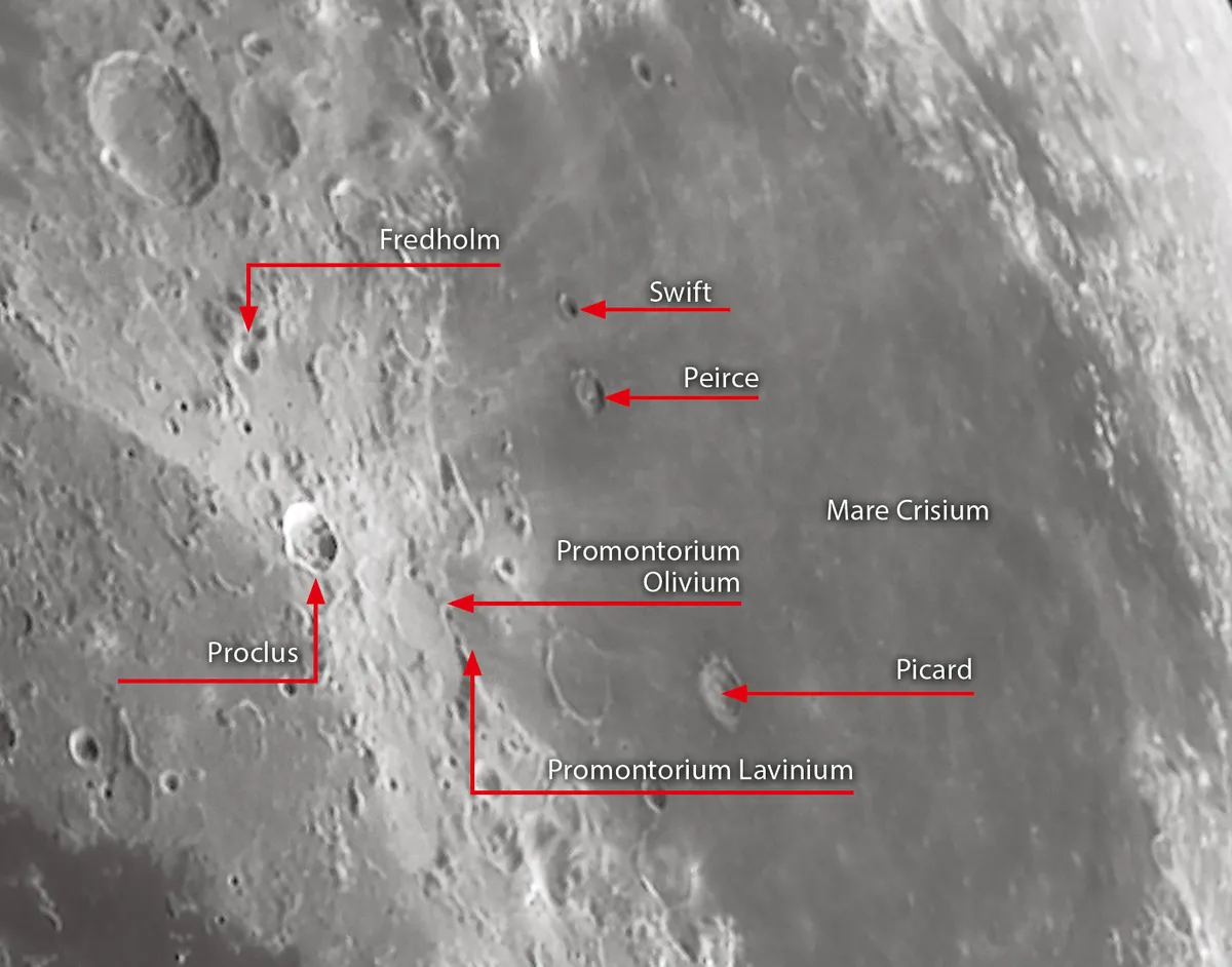 Small but well defined, Proclus can be found very close to the easily identifiable Mare Crisium