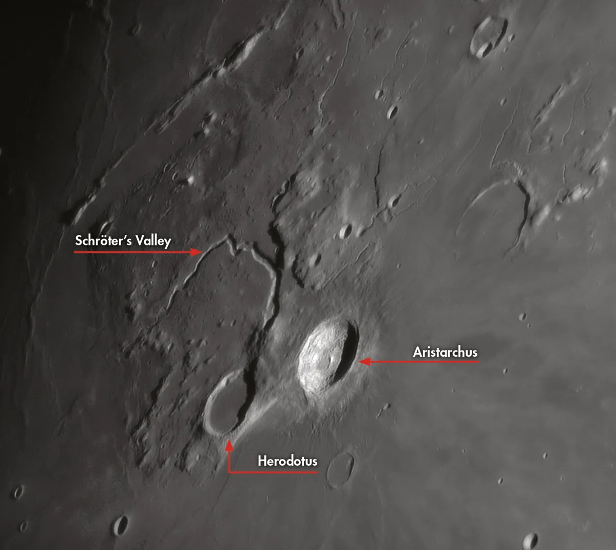 Extending away from the crater to the northwest is a wiggling line, known as the Vallis Schröteri or Schröter’s Valley.