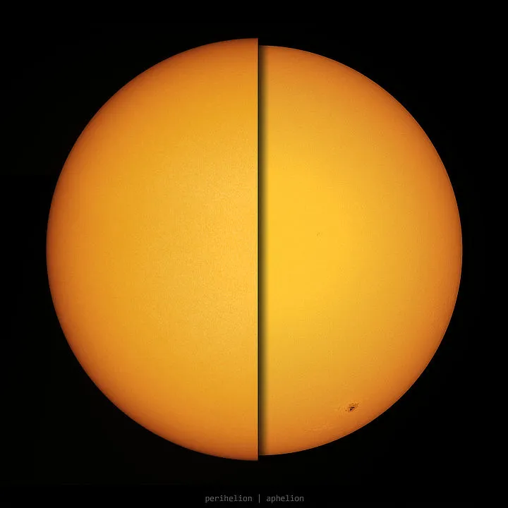 The Sun at perihelion/aphelion Andrei Dumitriu, Bucharest, Romania, 2 January and 5 July 2021 Equipment: ZWO ASI178MC camera, Orion ED80 apo refractor, Sky-Watcher Star Discovery mount