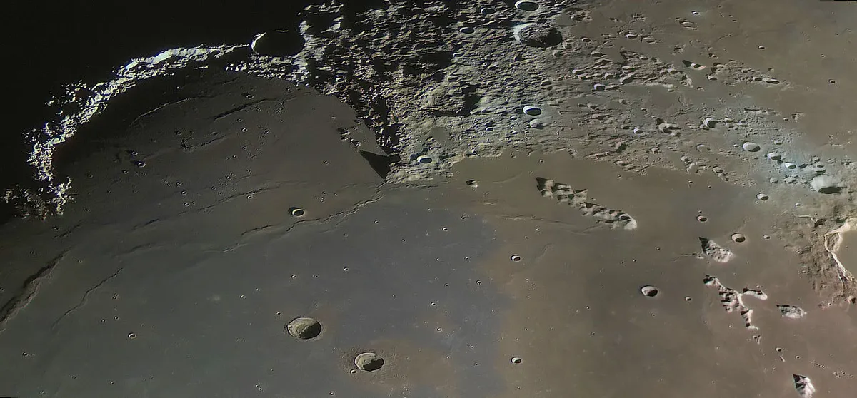 Iridum To Imbrium, by Stefan Buda (Australia). Highly commended, Our Moon. St Kilda East, Victoria, Australia, 30 July 2020. Equipment: Self-built Dall-Kirkham 405 mm telescope at f/16, self-built Alt-Azimuth fork mount, Astrodon RGB filters, ZWO ASI120MM camera.