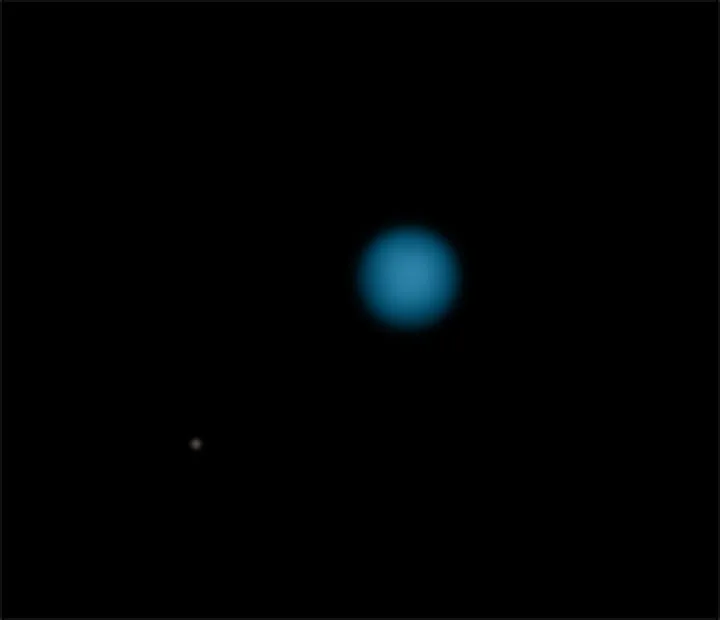 Neptune and Triton, by Julian Shapiro, aged 13 (USA). Highly commended, Young Astronomer. Chapel Hill, North Carolina, USA, 28 November 2020. Equipment: Celestron NexStar 8SE telescope at f/10, Celestron AVX mount, ZWO ASI-224MC camera, 120 x 1-second exposures
