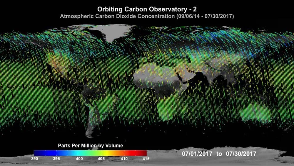 A map showing atmospheric CO2 concentration between 6 September 2014 and 30 July 2017, using data captured by OCO-2.