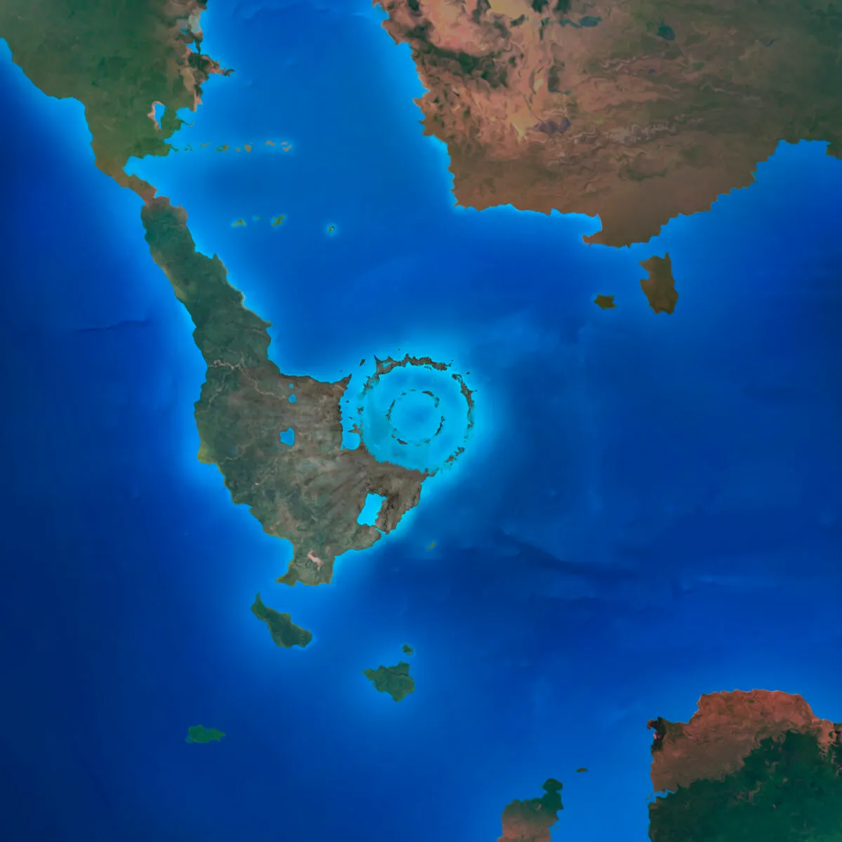 An illustration showing the location of the Chicxulub crater, shortly after its formation. The Chicxulub crater is thought to be the impact scar left over from the asteroid that wiped out the dinosaurs and other species on Earth. Credit: Mark Garlick / Science Photo Library