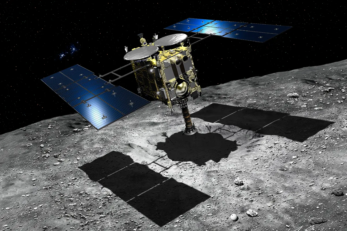 An artist’s impression of JAXA’s Hayabusa2 collecting samples from asteroid Ryugu