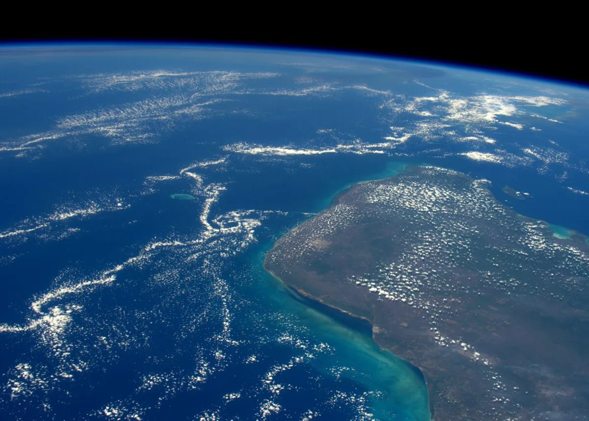 A photograph of the area where the asteroid that created the Chicxulub crater and is buried beneath the Yucatán Peninsula in Mexico. This photo was captured by astronaut Tim Peake while onboard the International Space Station. Credit: ESA/NASA