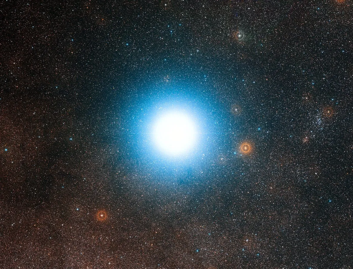 A view of the sky around Alpha Centauri, the closest star to the Solar System. Credit: ESO/Digitized Sky Survey 2 / Acknowledgement: Davide De Martin
