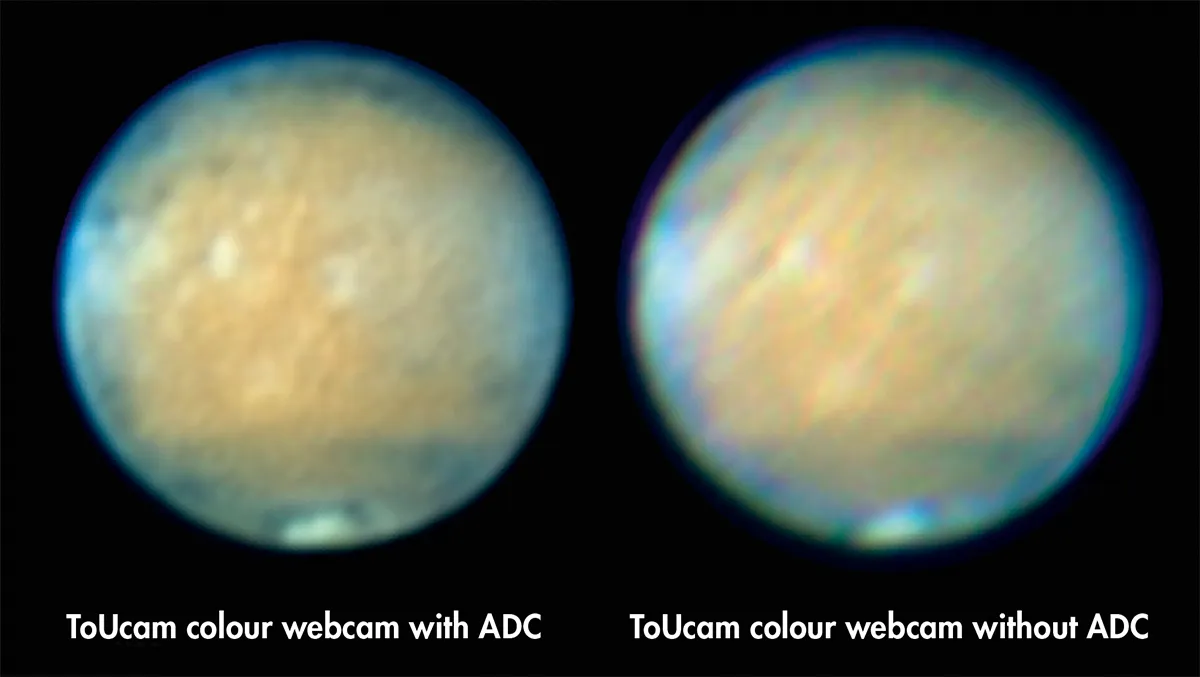 Mars at an altitude of 48°, showing the benefits in image detail from using an ADC with a colour camera.