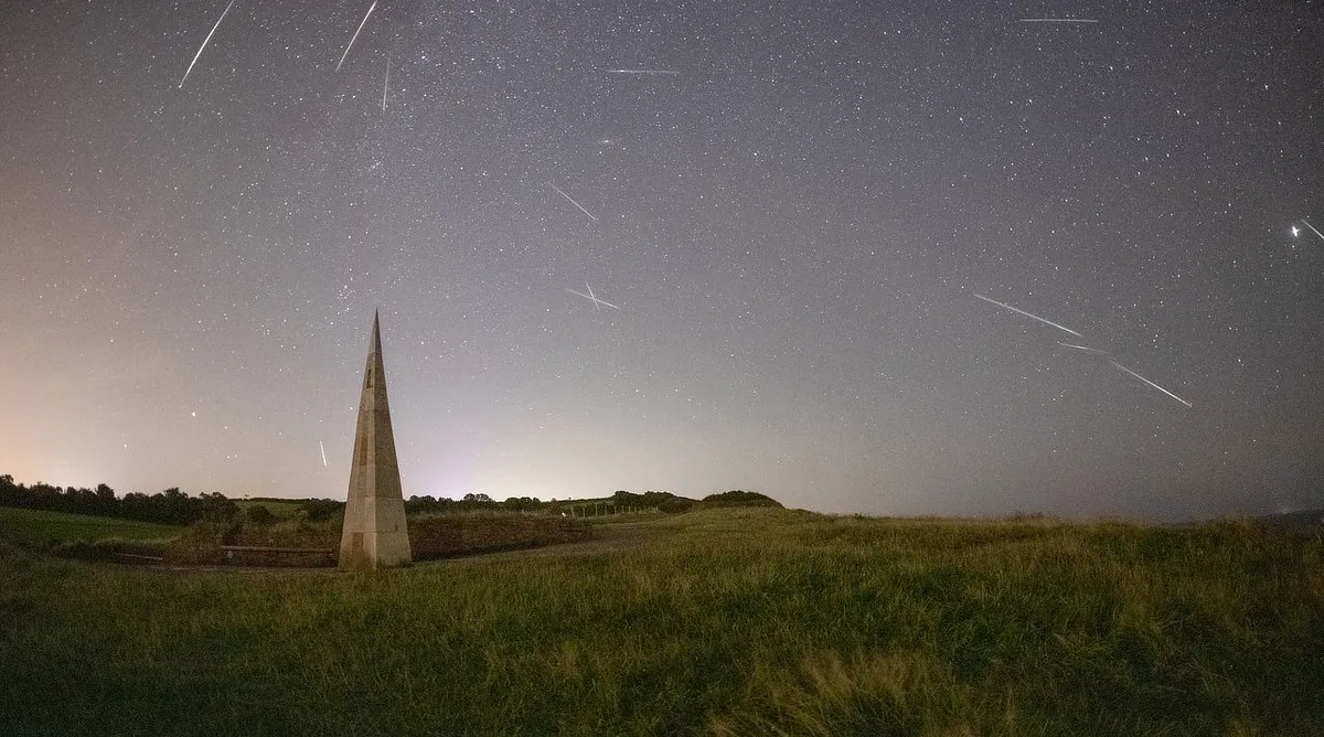 The Perseids over the Geoneedle Kevin McDonagh, Exmouth, Devon, 13 August 2021 Equipment: Canon 6D DSLR, 14mm Samyang lens, Manfrotto tripod