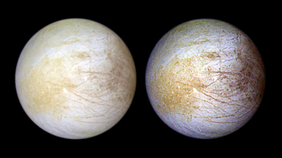Two views of moon Europa captured by NASA's Galileo spacecraft in June 1997. Credit: NASA, NASA-JPL, University of Arizona