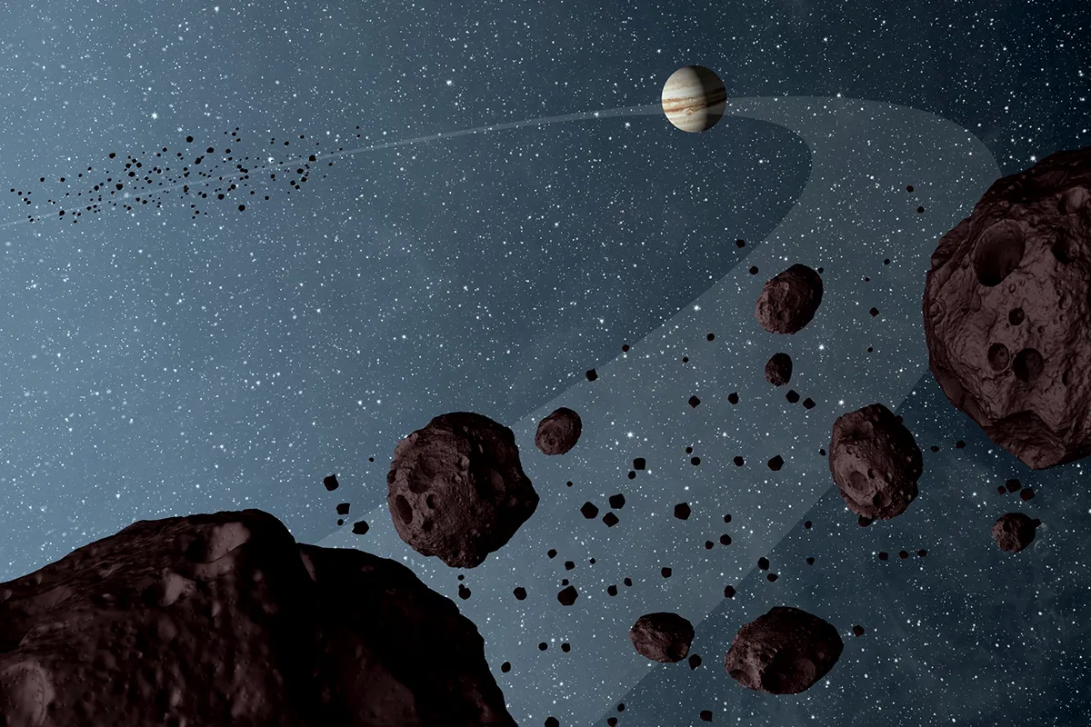 An artist's impression of the Trojan asteroids, which share the same orbital path around the Sun as Jupiter. The NASA Lucy mission will study the asteroids up close. Credit: NASA/JPL-Caltech