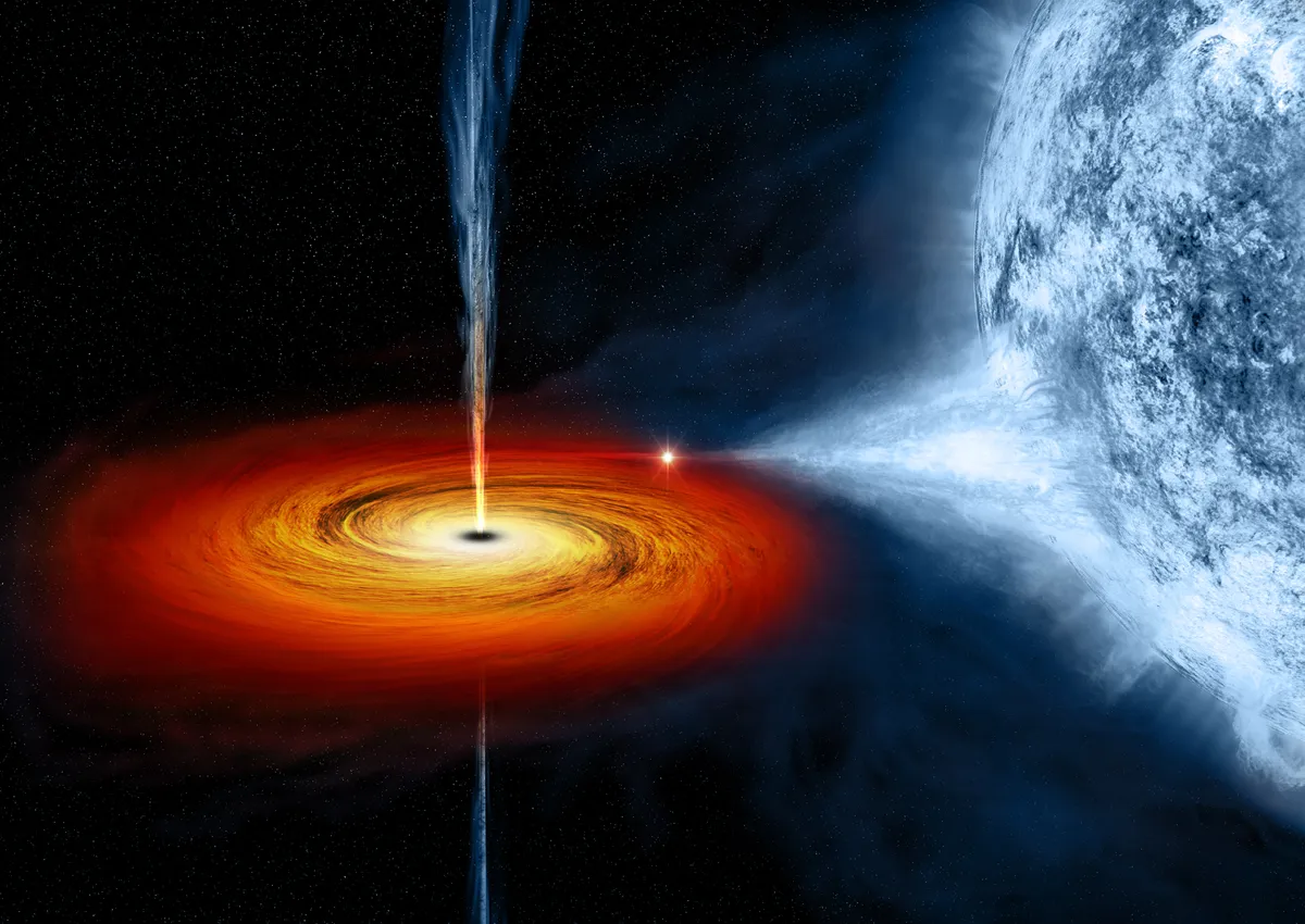 An artist's impression showing the black hole Cygnus X-1 in its binary system. Credit: NASA/CXC/M.Weiss