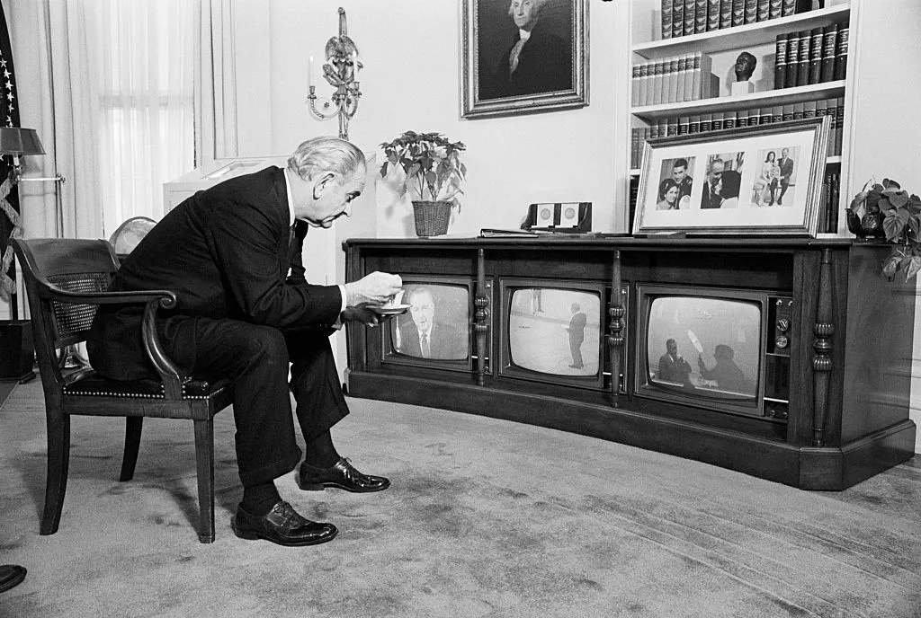 US President Johnson watches the Apollo 8 mission unfold on TV, 27 December 1968. Credit: Bettmann / Getty Images