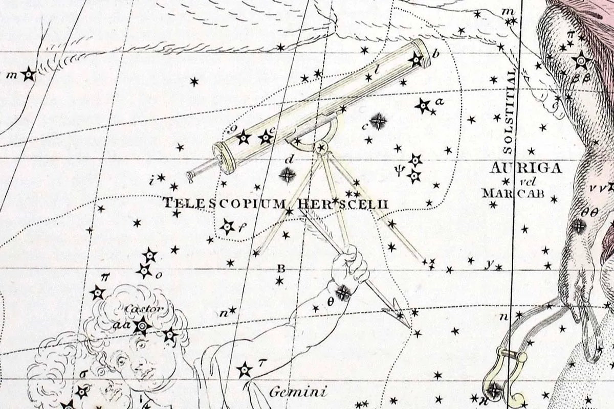 Detail from an engraving showing Telescopium Herschelli, Auriga and gemini by Alexander Jamieson, pub. London 1822. Photo by Historica Graphica Collection/Heritage Images/Getty Images