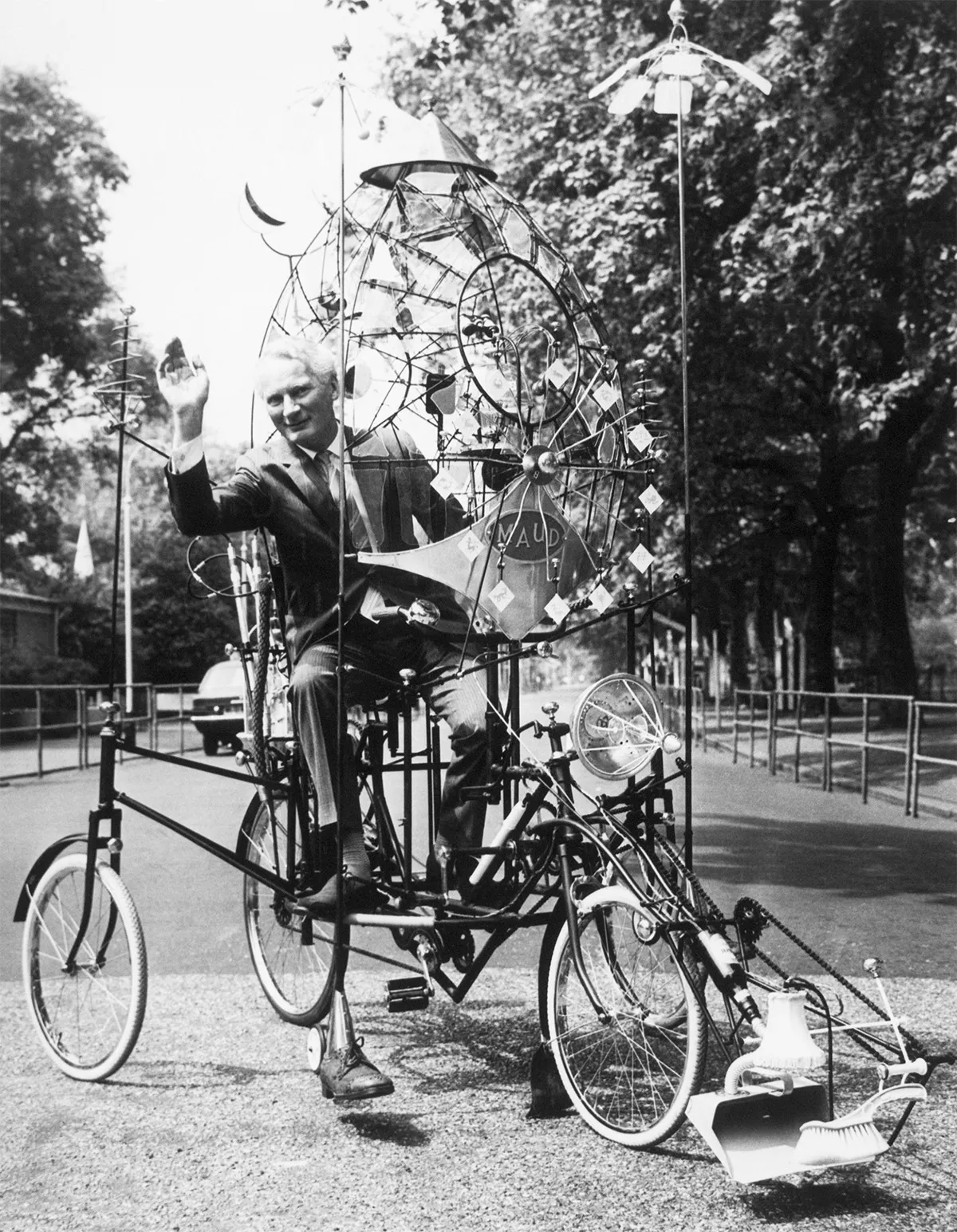 Inventor Rowland Emett and his 'lunacycle' invention. Credit: Bettmann/Getty Images