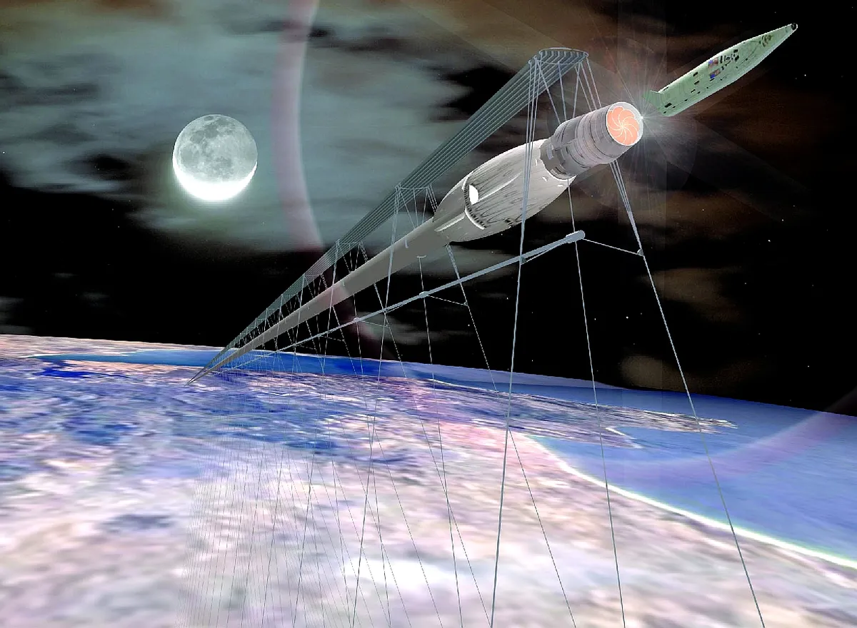 An illustration showing the proposed StarTram. Credit: NASA