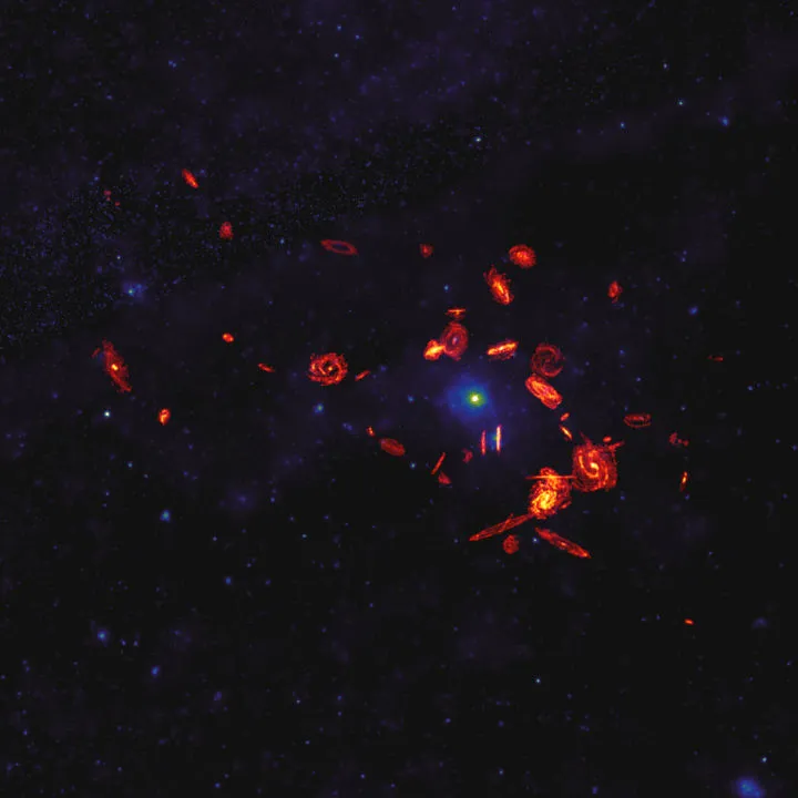Virgo Cluster ALMA, 2 NOVEMBER 2021 IMAGE CREDIT: ALMA (ESO/NAOJ/NRAO)/S. Dagnello (NRAO)/Böhringer et al. (ROSAT All-Sky Survey)