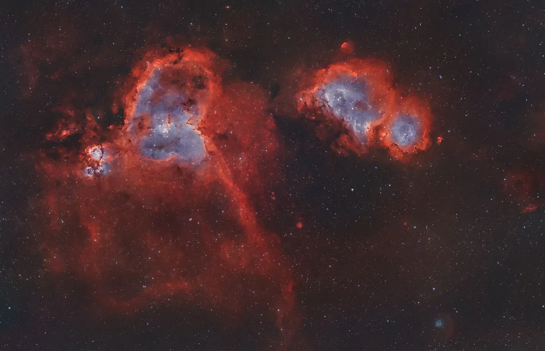 The Heart and Soul Nebulae Jeffrey Horne, Nashville, Tennessee, USA, 11 October 2021 Equipment: ZWO ASI2600MC Pro camera, TPO UltraWide 180 triplet apo refractor, Sky-Watcher EQ6-R Pro mount
