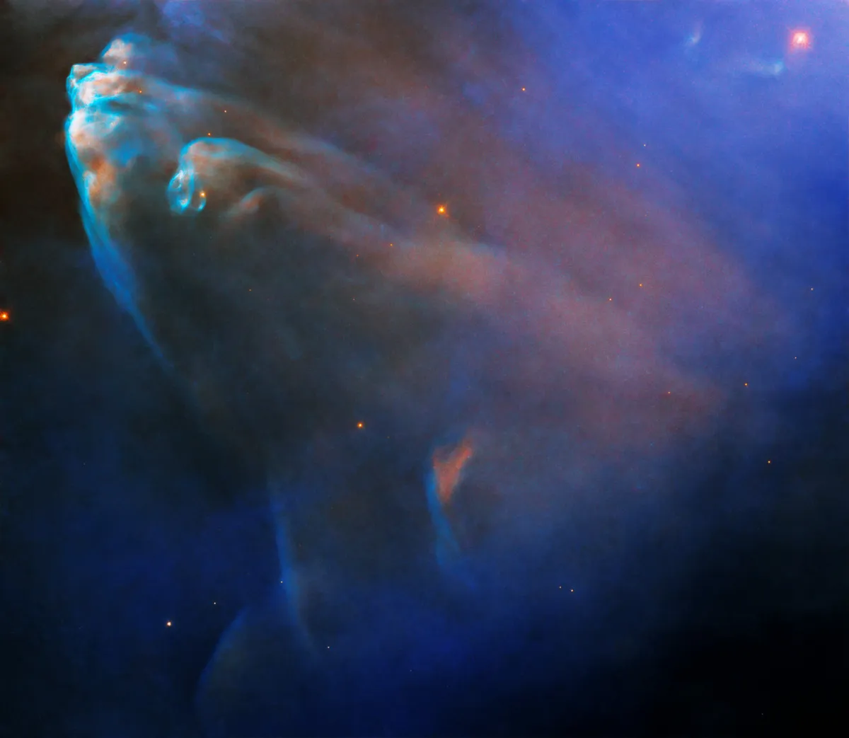 Herbig-Haro object HH 45 in the Running Man Nebula HUBBLE SPACE TELESCOPE, 24 NOVEMBER 2021 IMAGE CREDIT: NASA, ESA, J. Bally (University of Colorado at Boulder), and DSS; Processing: Gladys Kober (NASA/Catholic University of America)