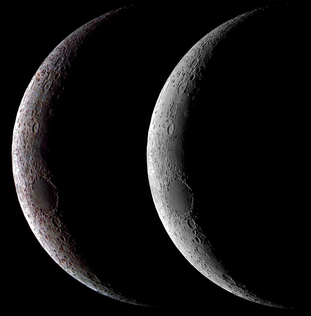 Mineral Moon (left) and Moon Fernando Oliveira de Menezes, São Paulo, Brazil, 7 November 2021 Equipment: ZWO ASI6200MC camera, Sky-Watcher Esprit 150ED refractor, iOptron CEM70 mount
